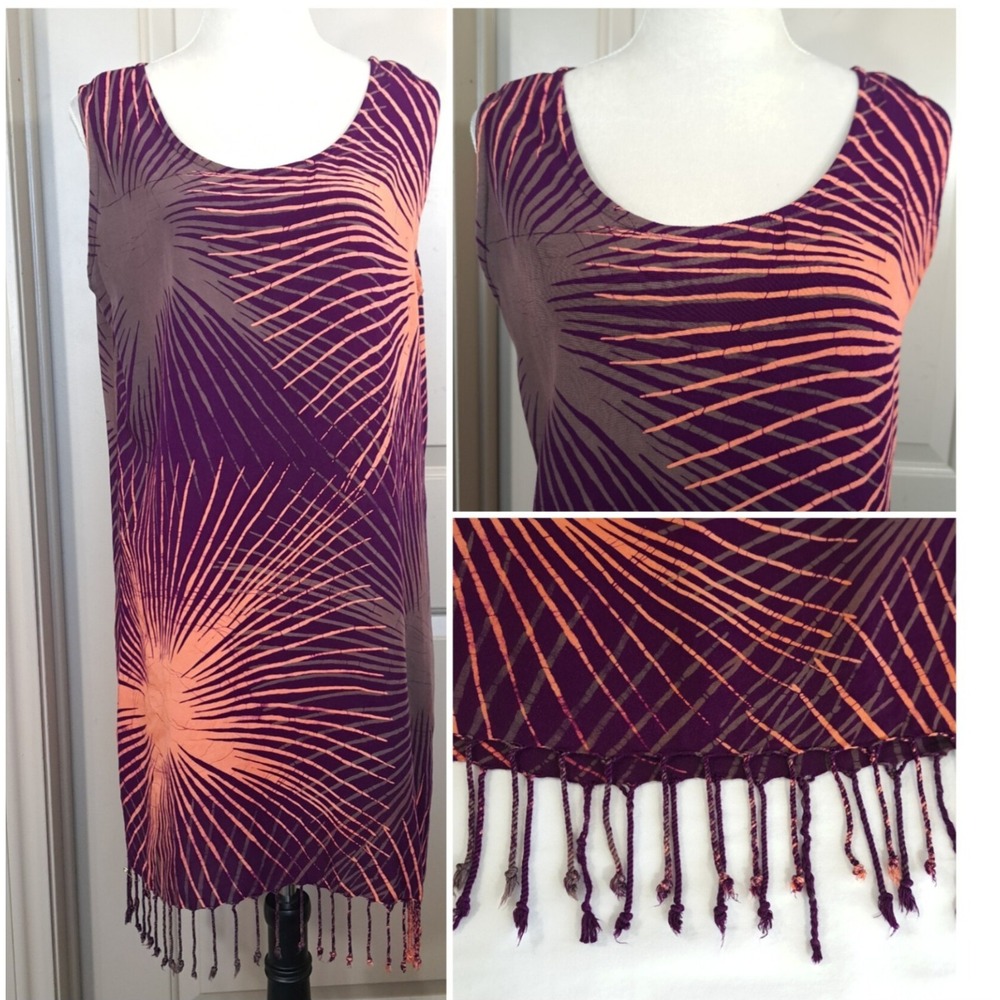 Caribelle Batik Fringe Dress XL Purple Orange 100% Rayon Tropical Cover Up Midi‎